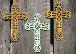 Cast Iron Crosses Set Of 3-Antique And Verde Finish 7 Cast Iron Crosses Set Of 3-Antique And Verde Finish -Bird Haven Shop 3verdicross 2