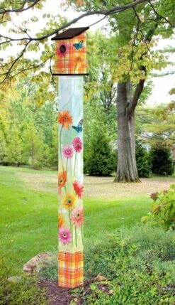 Birdhouse Art Poles 6 Ft. Post -Bird Haven Shop Gerbera Daisy Birdhouse Pole