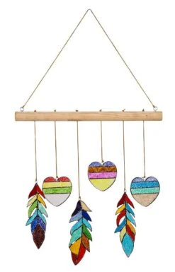 Stained Glass Heart And Feather Mobile -Bird Haven Shop Stained Glass Heart and Feather WindChime Mobile
