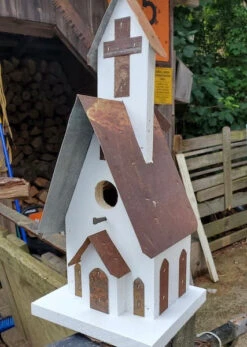Church Birdhouse In Barn Wood & Vintage Tin