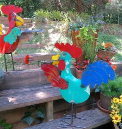 Jamming Roosters Metal Yard Art -Bird Haven Shop rooster metal yard art