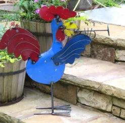 Jamming Roosters Metal Yard Art -Bird Haven Shop rooster with trumpet yard art